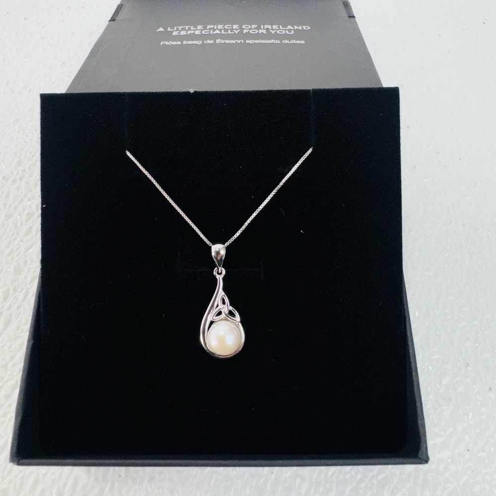 The Irish Store Sterling Silver and Half Pearl Trinity Knot Pendant with Chain